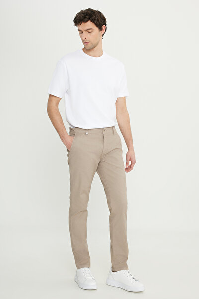 ALTINYILDIZ CLASSICS Men's Beige Cotton Slim Fit Slim Fit Side Pocket Dobby Stretch Casual Trousers