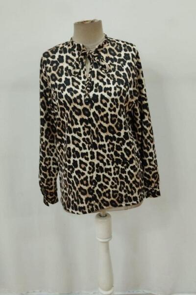 Mossta Lace-Up Leopard Print Single Jersey Blouse - Leopard