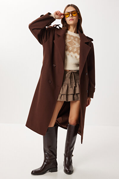 Lovelyİstanbul Kruvaze Yaka Kuşaklı Kaşe Kaban LNT0016 KAHVERENGİ