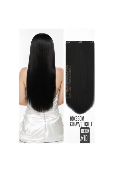 Skygo Doğal Görünümlü Düz Siyah Sentetik Kaynak Saç – RENK KOD:#1B Kolay Tak ...