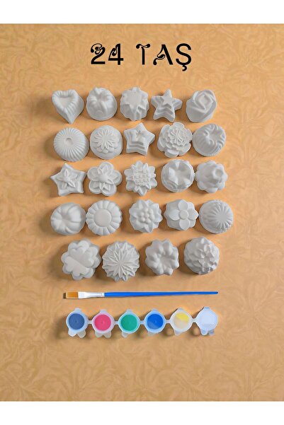 Atölye yüksel Şekiller Taş Boyama Seti = 24 Taş + 6 Renk Boya + 1 Fırça