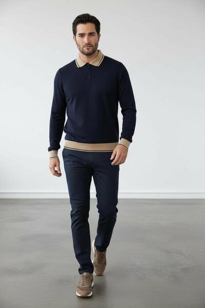 Sarar Πουλόβερ πλεκτό με γιακά πόλο σε συνδυασμό με μπλε ναυτικό χρώμα