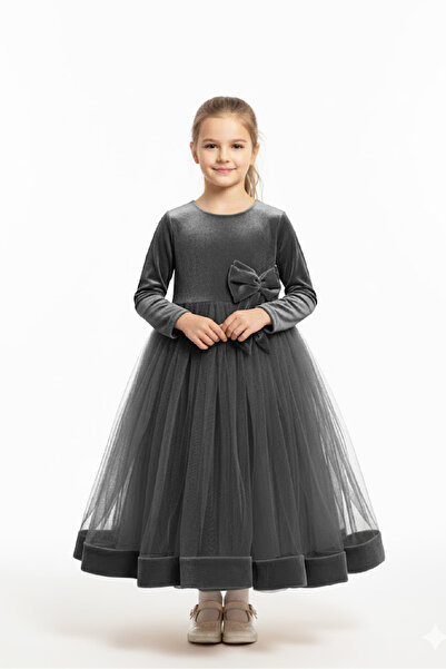 MODANINO Rochie din catifea pentru fete - Detaliu din tul - Decorat cu fundit...