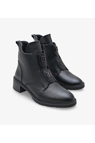 Anıl Ayakkabı Castle 11032 Women's Black Genuine Leather Zippered Style Buckle Detail Elastic Warm Lining Boots