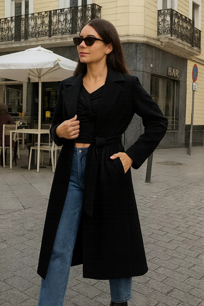 comstar Women's Comfort Double-Breasted Trend Black Long Cashmere Coat