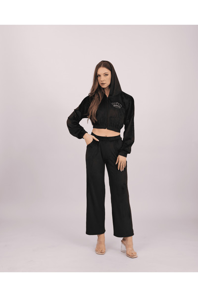 Clyfora Queen Velvet Crop Jacket Pajama Set