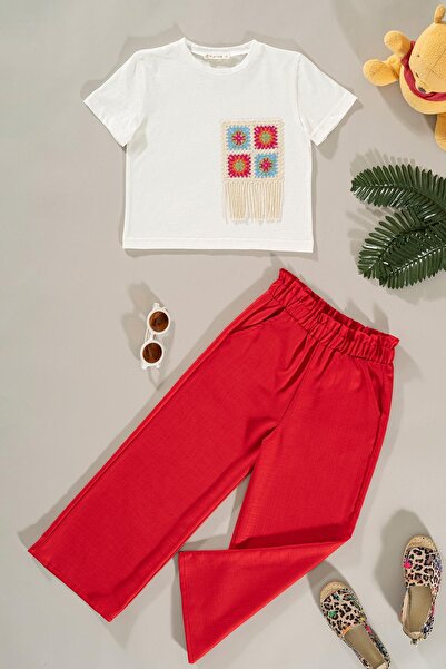 FOR YOU MODA Rotes Hosen-Set mit Spitzendetails an den Taschen