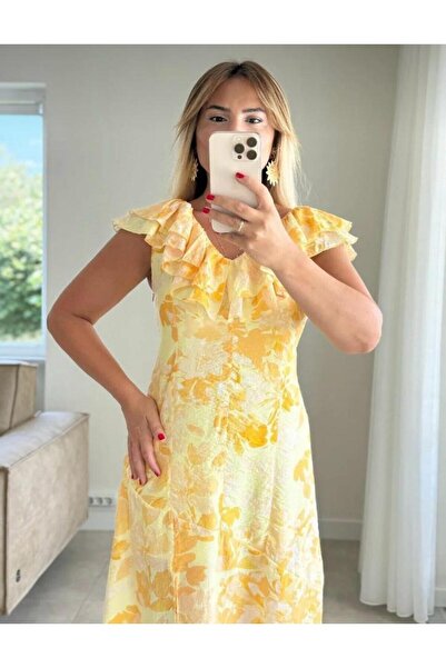 hedef giyim Ruffle Detailed Slit Floral Dress