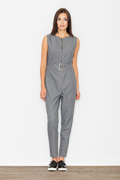 Figl Elegant women's jumpsuit - jumpsuit with zipper and belt, gray M488, size L