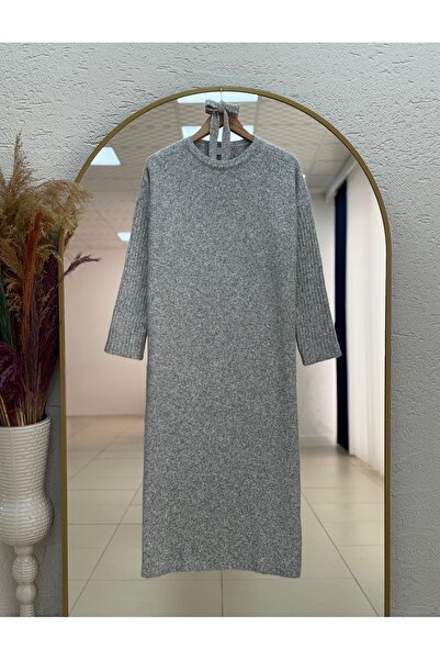 MİHRA STORE Fionelle Handle Corded Fabric Belted Knitwear Dress-Kr5057 Gray