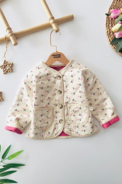 Minigimin Cicileri My Little One's Cicileri Floral Patterned Girl's Cotton Quilted Cardigan - Cream