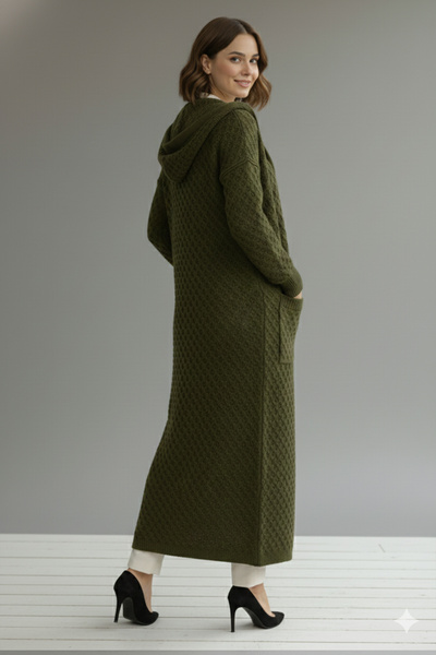 benguen Hooded Patterned Long Knit Cardigan R4328 Khaki