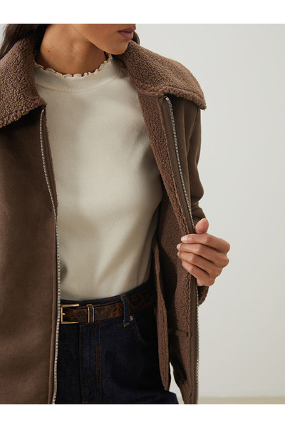 LC Waikiki Γυναικείο παλτό με γούνινο γιακά σε καφέ χρώμα oversized