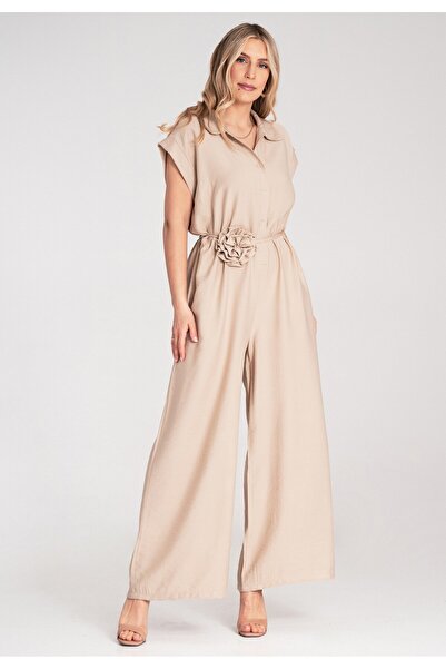 Figl Loose-fitting jumpsuit - Short sleeve jumpsuit - Beige M1177 Universal