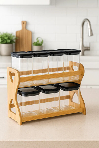 Urbanza 7 Rectangular Storage Jars with Black Lids & Wooden Rack – Kitchen Spice Organizer Set