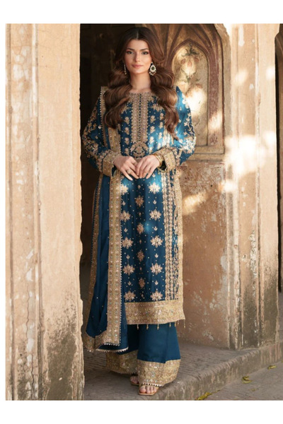 MYSMAR Blue Georgette Top Bottom Dupatta - HRT4448 | Blue