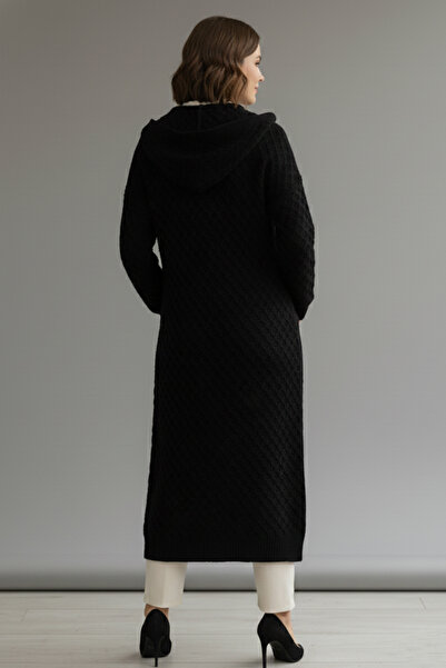 benguen Μακρύ πλεκτό ζακέτα με κουκούλα R4328 Μαύρο