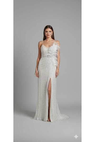 Zeyn KADIN ABİYE SAÇAK BONCUK DANTEL VE PAYET DETAYLI BÜYÜK BEDEN NİKAH VE KO...