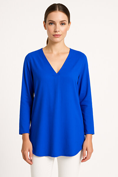Nuevo Saks Mavisi V Yaka Uzun Kollu Rahat Kesim Kadın Bluz -