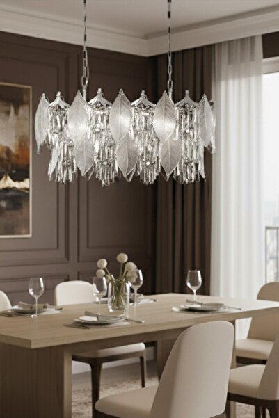 Ünal Aydınlatma Yaprak Krom 90 cm Kristal Yaprak Detaylı Modern Avize – Yemek...