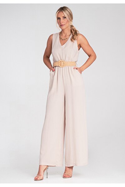Figl Women's Loose-Fit Jumpsuit - Jumpsuit with Belt - Beige M1193 size L/XL