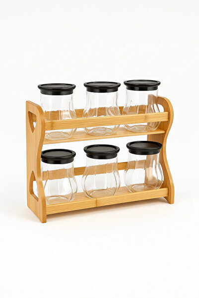 Urbanza 6 Glass Jars with Black Lids & Wooden Rack – Kitchen Spice Storage Organizer Set