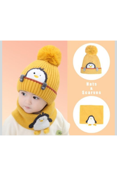 FASHIONEEDA Baby Winter Knitted Hat, Penguin Beanie Caps with Pompom for Kids unisex 1-3 Years Old, Yellow