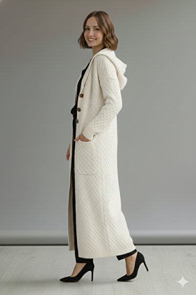 benguen Hooded Patterned Long Knit Cardigan R4328 Ecru
