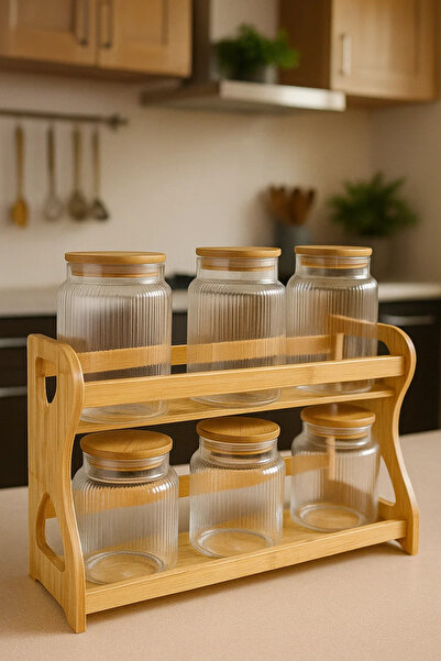 Urbanza 6 Ribbed Glass Jars with Bamboo Lids & Wooden Rack – Kitchen Storage Organizer Set