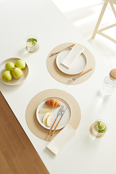 Homewave 6 Adet Bej/Taş Suni Deri Sofra Sunum Tabak Altlığı Supla Amerikan Servisi 36x36