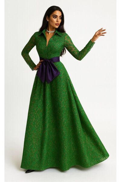 ALYEL NAKER فستان قميص طويل من الدانتيل الأخضر مع حزام بنفسجي