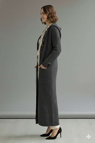 benguen Hooded Patterned Long Knit Cardigan R4328 Anthracite