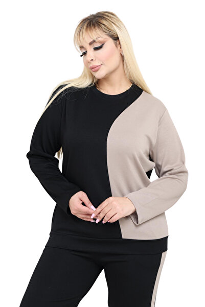 MELSAY Women's Plus Size Black-Beige Color Block Modal Tracksuit Set