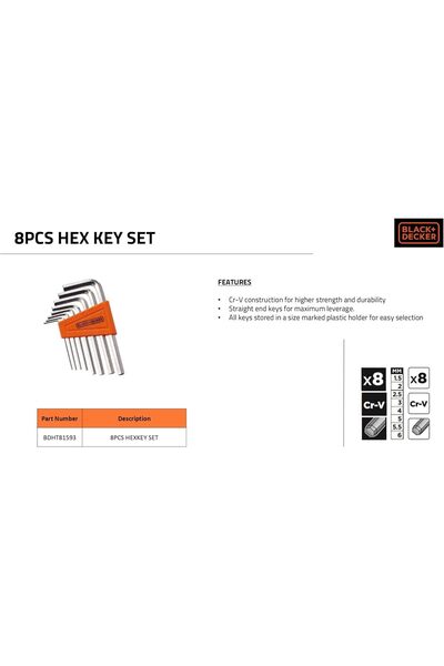 Black&Decker BLACK+DECKER Steel Hex Key Set, 8-piece, sizes 1.5-6 mm, Orange/Black - BDHT81593
