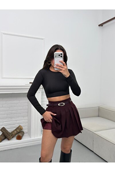 TİSHOOSTORE Women's Belted Shorts Lined Pleated Mini Skirt