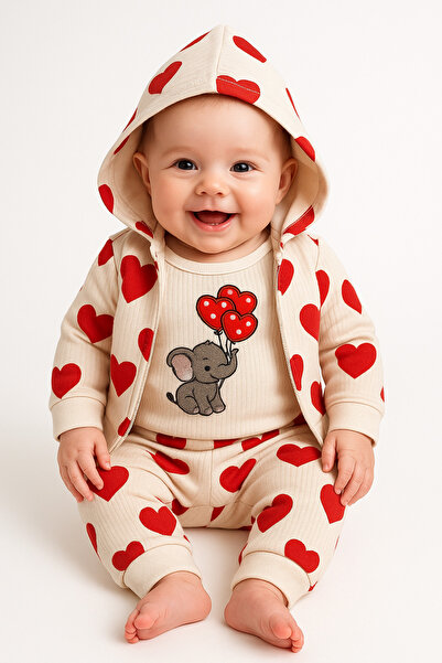 İZYALİF BABY Baby Girl 3-Piece Cardigan Set Elephant Heart Patterned Cotton Corded Fabric Fabric