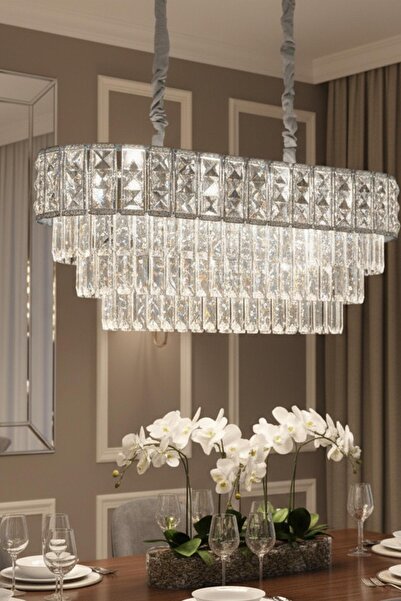 Ünal Aydınlatma Asel Krom 90 cm Kristal Taşlı Modern Avize – Yemek Masası ve ...