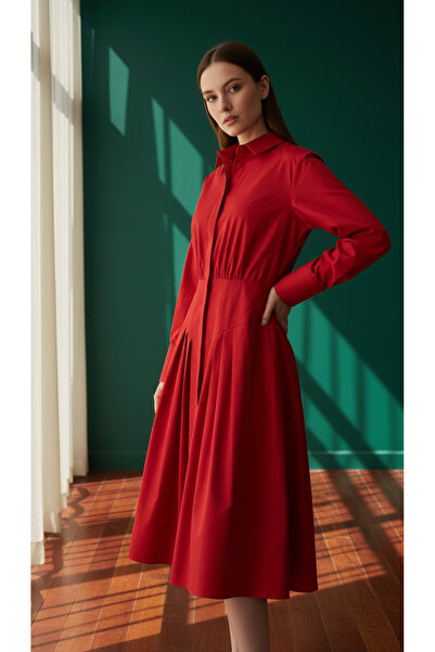 Eight Fashion Women's Red Long Sleeve Midi Shirt Dress