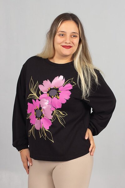 Truva XXL Φούτερ με λαιμόκοψη με μαύρο λουλούδι με τύπωμα 2 νήματα επένδυση fleece χτενισμένο βαμβακερό φούτερ