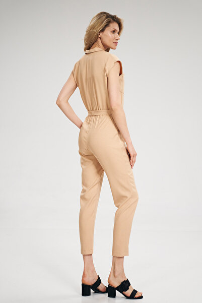 Figl Elegant short sleeve jumpsuit - waist tie jumpsuit, beige M695, size M