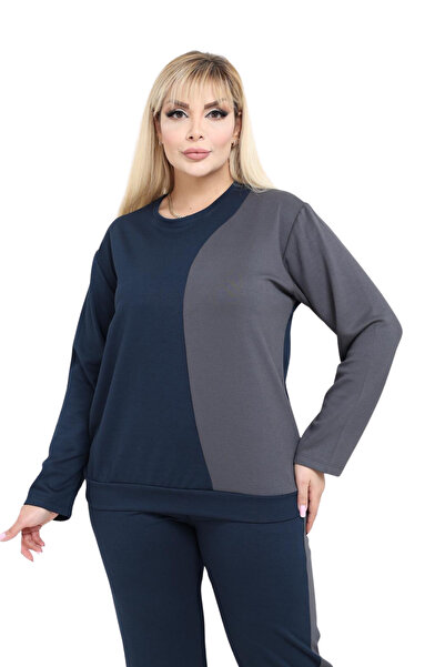 MELSAY Women's Plus Size Navy Blue-Grey Color Block Modal Tracksuit Set