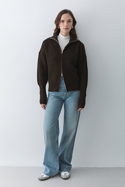 Laluvia Brown Double Zipper Cardigan - 251080