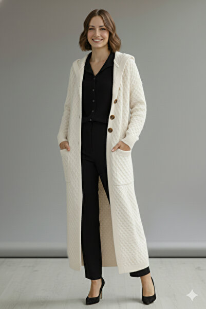 benguen Hooded Patterned Long Knit Cardigan R4328 Ecru