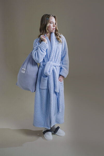 Mita Concept Blue Plush Shawl Collar Dressing Gown