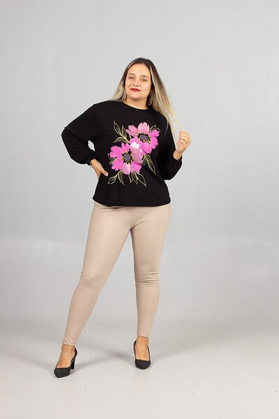 Truva XXL Φούτερ με λαιμόκοψη με μαύρο λουλούδι με τύπωμα 2 νήματα επένδυση fleece χτενισμένο βαμβακερό φούτερ