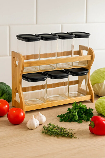 Urbanza 7 Rectangular Storage Jars with Black Lids & Wooden Rack – Kitchen Spice Organizer Set