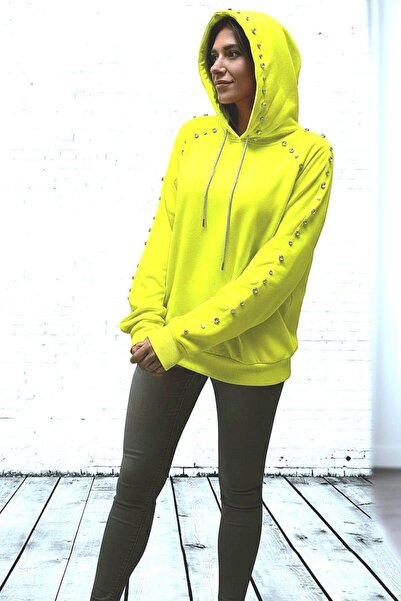 BLACK STEEL BYN-2025-308 NEON RENKLİ KAPŞONLU TAŞ ÇAKIMLI SWEATSHİRT