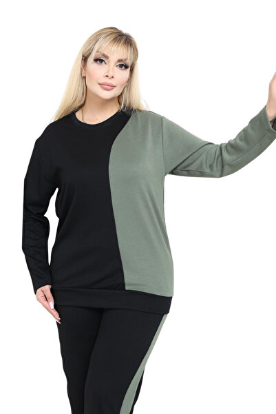 MELSAY Women's Plus Size Black-Green Color Block Modal Tracksuit Set