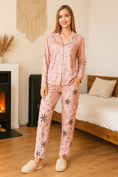 REMSA Γυναικείο Σετ Πιτζάμες με μοτίβο Σαφίρ με κουμπιά μπροστά 0480 Πούδρα