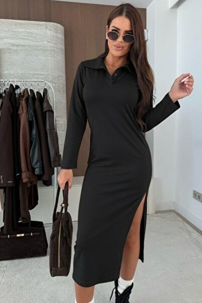 Mossta Polo Neck Side Slit Midi Modal Dress - Black